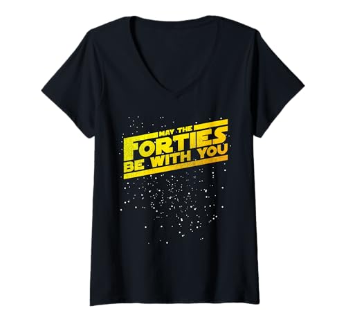 Damen Lustiges T-Shirt mit Aufschrift May The Forties Be with You zum 40. Geburtstag T-Shirt mit V-Ausschnitt von 40 years Birthday Apparel Distressed Star Tees