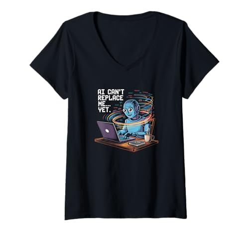 Damen AI Can't Replace Me Yet Funny Coding Robot Tech Design T-Shirt mit V-Ausschnitt Damen AI Can't Replace Me Yet Funny Coding Robot Tech Design T-Shirt mit V-Ausschnitt von 404 Dev Club