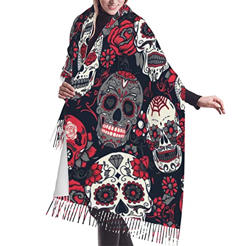 408 Damen Winterschal Bunte Totenköpfe Mit Blumenmuster Winter Stola Waschbar Schal Elegante Fransen Poncho Für Geschenk Hochzeit Freizeit 72X197Cm von 408