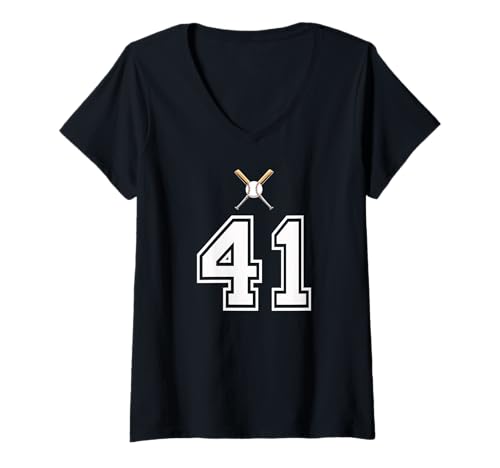 Damen 41 Nummer Baseball Style Vintage Weiß T-Shirt mit V-Ausschnitt Damen 41 Nummer Baseball Style Vintage Weiß T-Shirt mit V-Ausschnitt von 41 Nummer Baseball Style Weiß