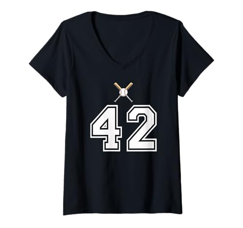 Damen 42 Nummer Baseball Style Vintage Weiß T-Shirt mit V-Ausschnitt Damen 42 Nummer Baseball Style Vintage Weiß T-Shirt mit V-Ausschnitt von 42 Nummer Baseball Style Weiß