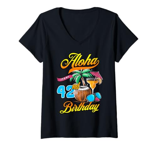 Damen Aloha, es ist Mein 42. Geburtstag, Hawaii Beach, 42-jähriger Hawaiianer T-Shirt mit V-Ausschnitt Damen Aloha, es ist Mein 42. Geburtstag, Hawaii Beach, 42-jähriger Hawaiianer T-Shirt mit V-Ausschnitt von 42nd Birthday Hawaiian Themed Party