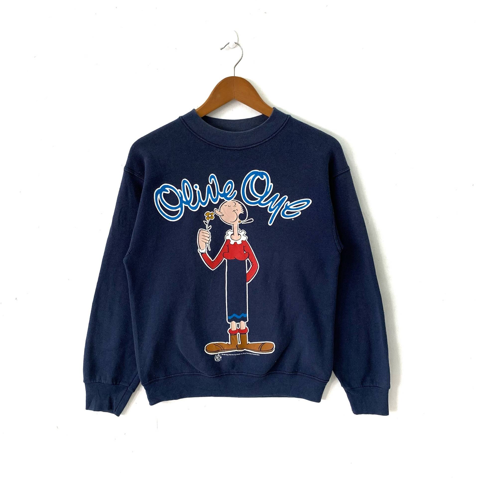 Seltener Vintage 1994 Olive Oyl Popeye Spiegel Druck Crewneck Pullover Sweatshirt Tag Fruit Of The Loam Blue Size Fit M-S von 43VintageArt