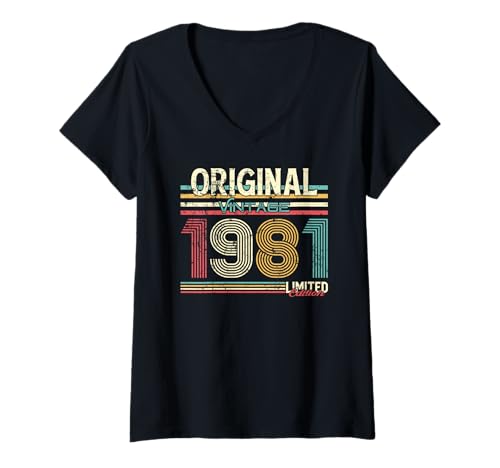 Damen 44. Geburtstag Mann Frau 44 Jahre Vintage 1981 Deko Lustig T-Shirt mit V-Ausschnitt von 44 Jahre Mann Frau Damen Herren Geburtstag
