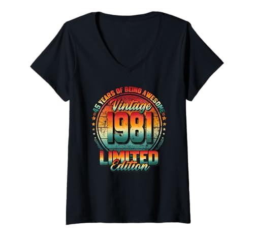 Damen 44. Geburtstag Mann Frau 44 Jahre Vintage 1981 Deko Lustig T-Shirt mit V-Ausschnitt von 44 Jahre Mann Frau Damen Herren Geburtstag