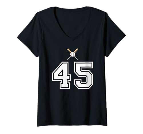 Damen 45 Nummer Baseball Style Vintage Weiß T-Shirt mit V-Ausschnitt Damen 45 Nummer Baseball Style Vintage Weiß T-Shirt mit V-Ausschnitt von 45 Nummer Baseball Style Weiß
