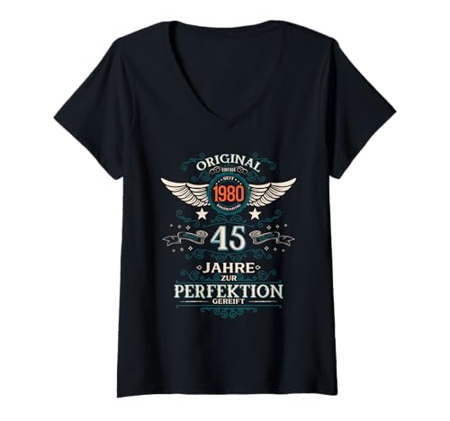 Damen 45. Geburtstag Mann Geschenk Oldtimer 1980 45 Jahre Deko T-Shirt mit V-Ausschnitt von 45. Geburtstag Geschenk Oldtimer Jahrgang 1980
