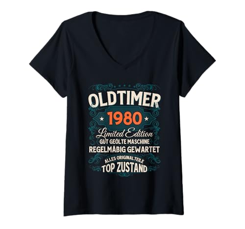 Damen 45. Geburtstag Mann Geschenk Oldtimer 1980 45 Jahre Deko T-Shirt mit V-Ausschnitt von 45. Geburtstag Geschenk Oldtimer Jahrgang 1980