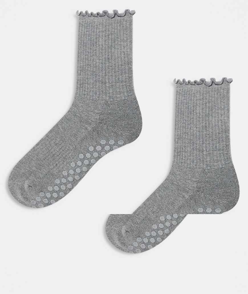 4505 - 2er-Pack rutschfeste Pilates-Crew-Socken in Grau meliert mit Kräuselsaum von 4505