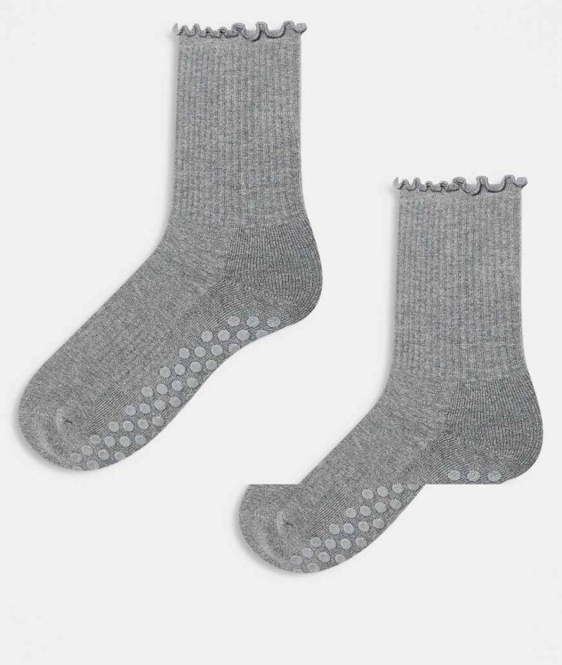4505 - 2er-Pack rutschfeste Pilates-Crew-Socken in Grau meliert mit Kräuselsaum von 4505