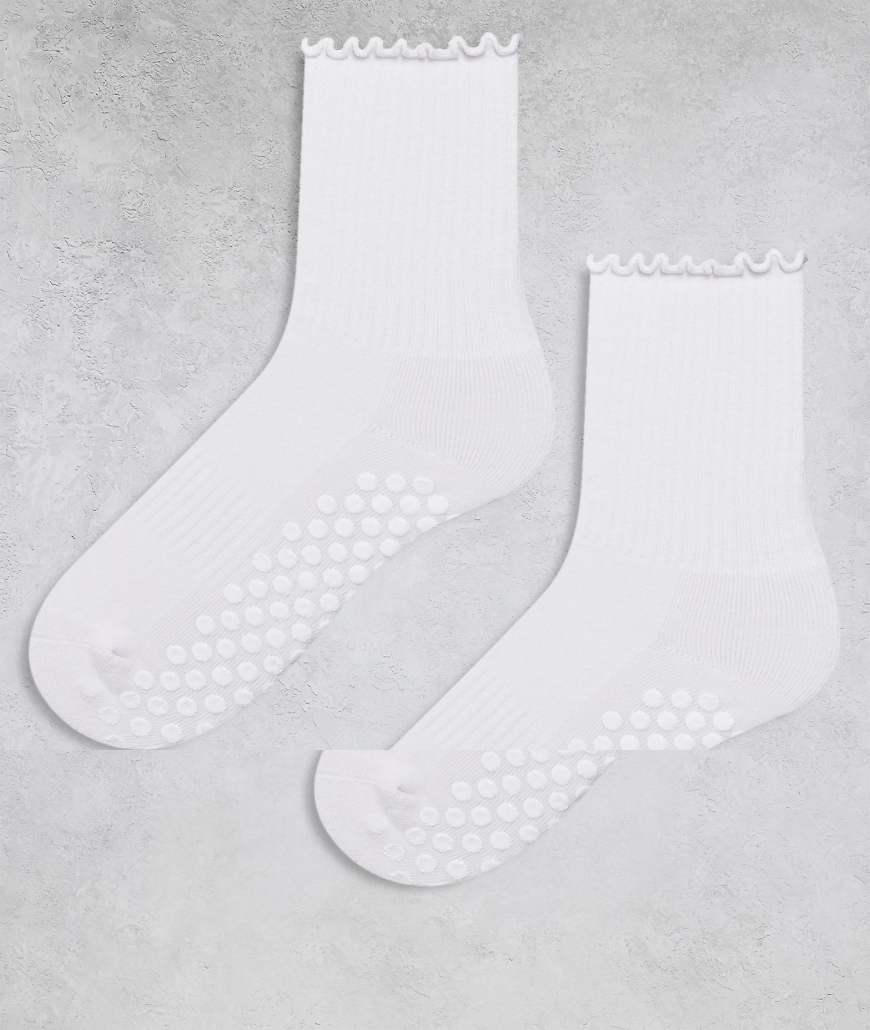 4505 - 2er-Pack rutschfeste Pilates-Crew-Socken in Weiß mit Kräuselsaum von 4505