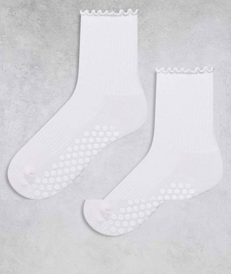 4505 - 2er-Pack rutschfeste Pilates-Crew-Socken in Weiß mit Kräuselsaum von 4505