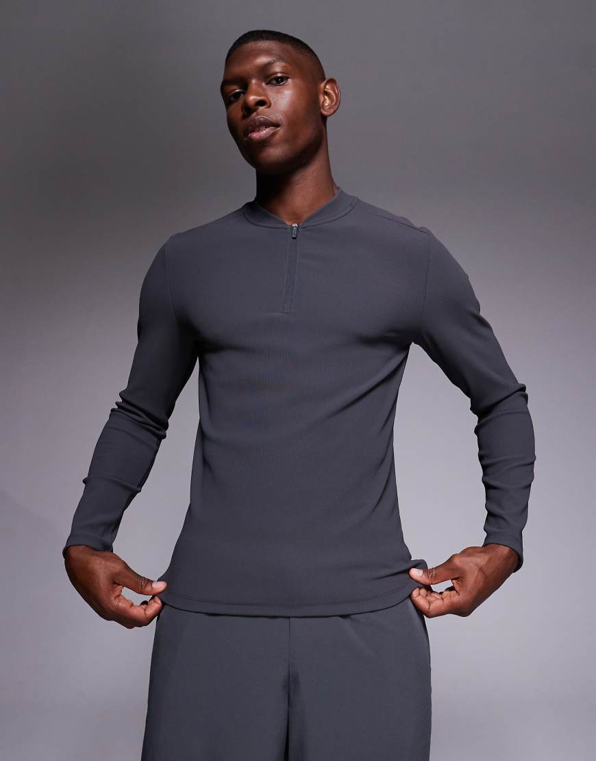 4505 - Active - Langärmliges, geripptes Lauf-Oberteil in Anthrazit mit Reißverschluss und schmalem Schnitt-Grau von 4505