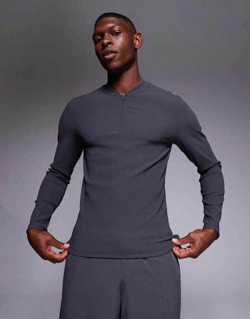 4505 - Active - Langärmliges, geripptes Lauf-Oberteil in Anthrazit mit Reißverschluss und schmalem Schnitt-Grau von 4505