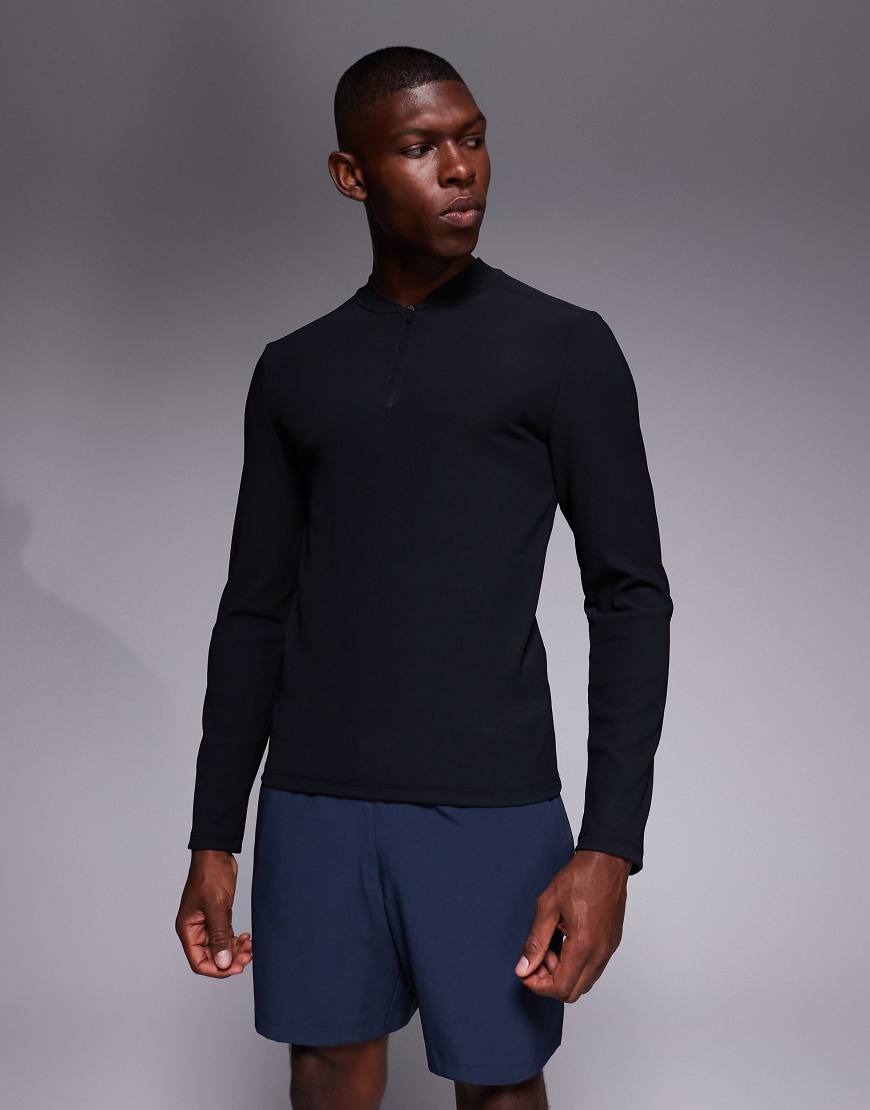 4505 - Active - Langärmliges, geripptes Lauf-Oberteil in Schwarz mit Reißverschluss und schmalem Schnitt von 4505