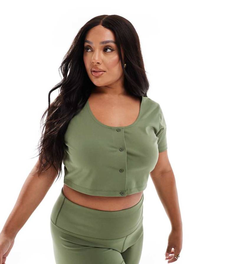 4505 Curve - Studio - Weicher, kurzärmliger Trainings-Cardigan in Khaki-Rosa von 4505