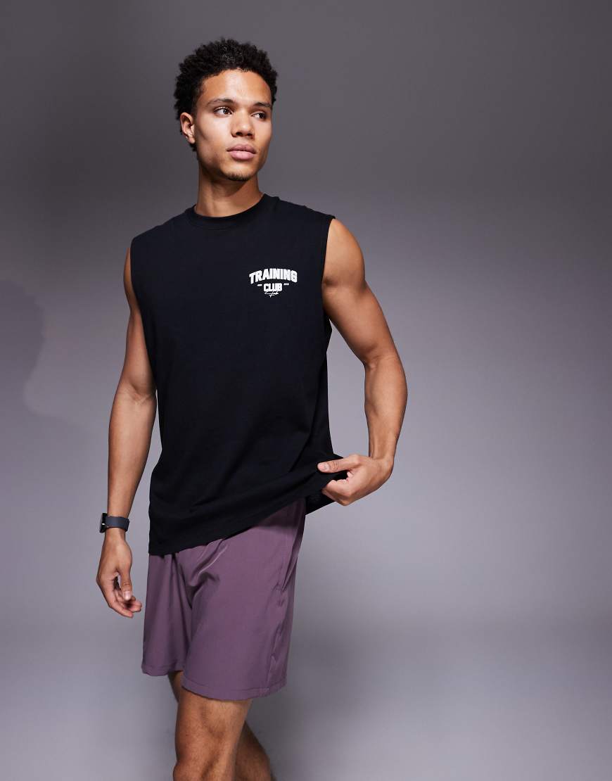 4505 - Fitness-Tanktop aus Baumwolle in verwaschenem Schwarz mit Oversize-Passform, Grafikmotiv auf der Brust und schnell trocknendem Finish von 4505