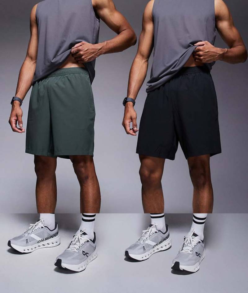4505 - Icon - 2er-Pack schnell trocknende Trainingsshorts in Schwarz und Deep Khaki mit Reißverschluss-Tasche, 13 cm Schrittlänge-Bunt von 4505