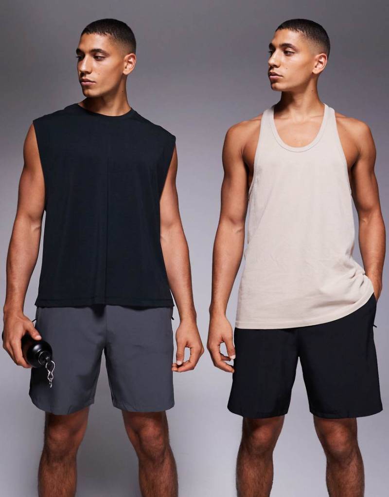 4505 - Icon - 2er-Pack schnelltrocknende Sport-Shorts in Schwarz und Anthrazit mit Reißverschlusstaschen, 18 cm Schrittlänge-Bunt 4505 - Icon - 2er-Pack schnelltrocknende Sport-Shorts in Schwarz und Anthrazit mit Reißverschlusstaschen, 18 cm Schrittlänge-Bunt von 4505