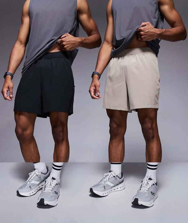 4505 - Icon - 2er-Pack schnelltrocknende Sport-Shorts in Schwarz und Steinbeige mit Reißverschlusstaschen, 13 cm Schrittlänge-Bunt von 4505