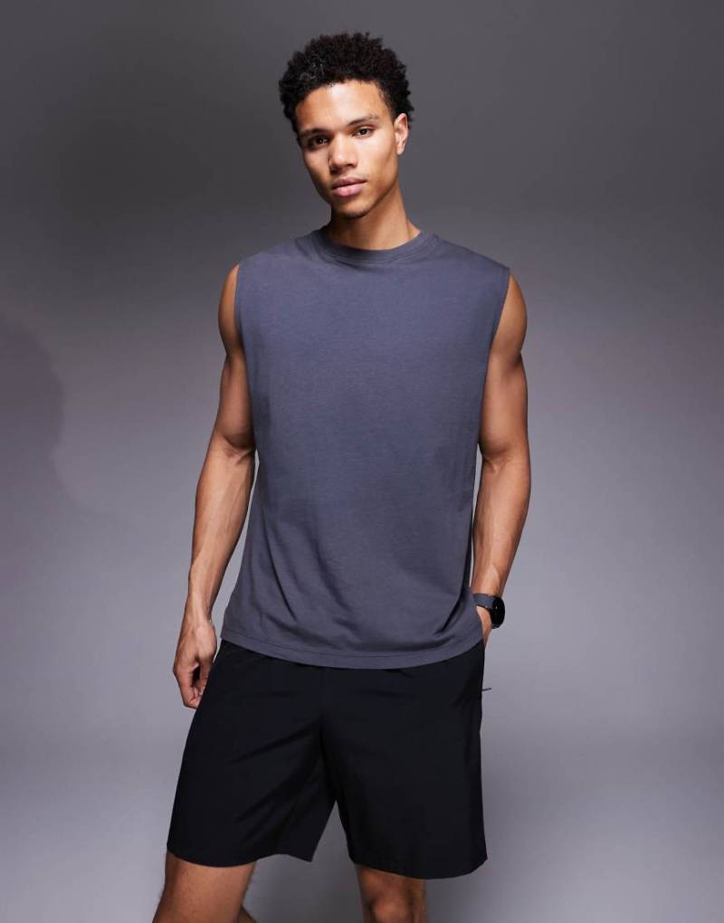 4505 - Icon - Fitness-Tanktop aus Baumwolle in verwaschenem Anthrazit mit schnell trocknendem Finish und Oversize-Passform-Grau von 4505