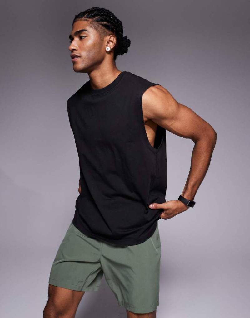 4505 - Icon - Sport-Tanktop aus Baumwolle in verwaschenem Braun mit Oversize-Schnitt und schnelltrocknendem Finish-Schwarz von 4505