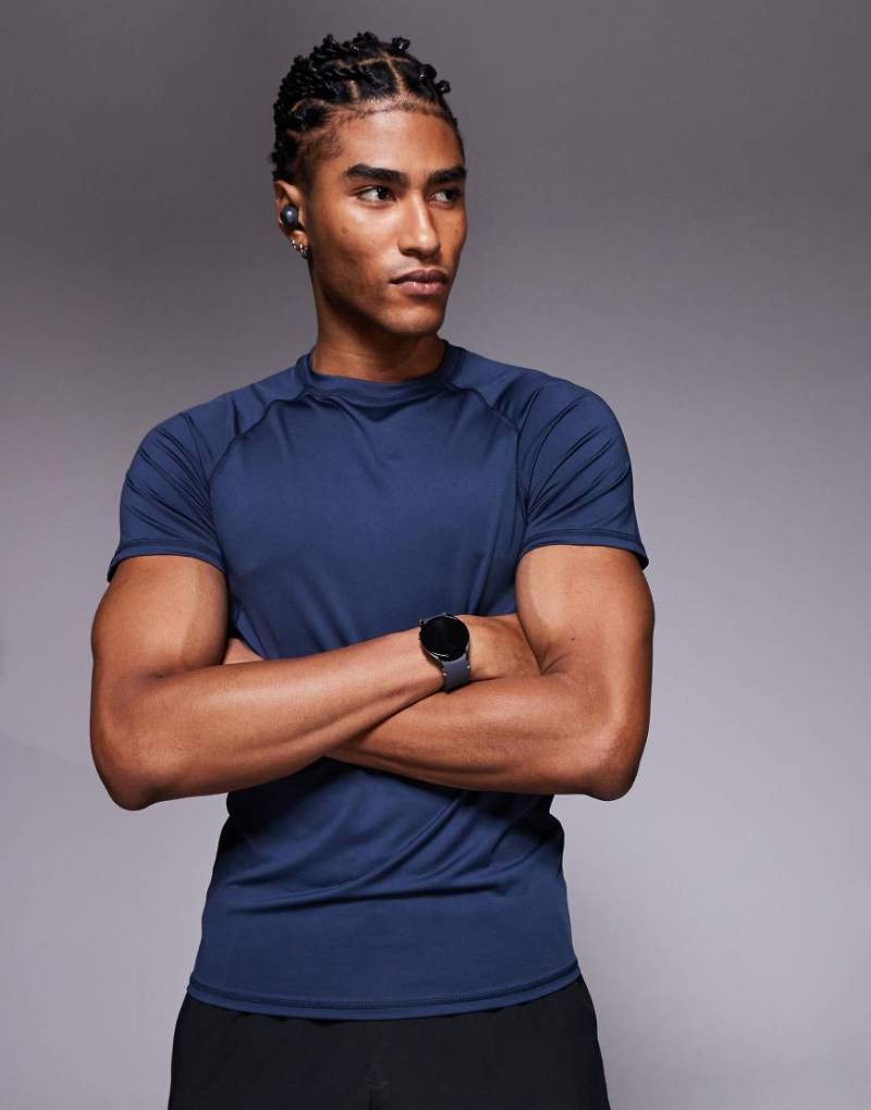 4505 - Körperbetontes Baselayer-Trainings-T-Shirt aus schnell trocknendem Material in Marineblau mit Ziernaht von 4505