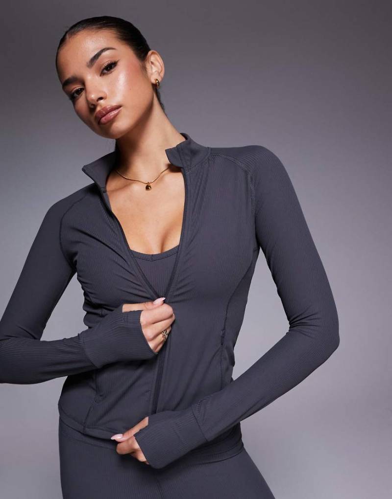 4505 - Langärmlige, weiche und formende Reißverschlussjacke in Dunkelgrau mit Rippmuster von 4505