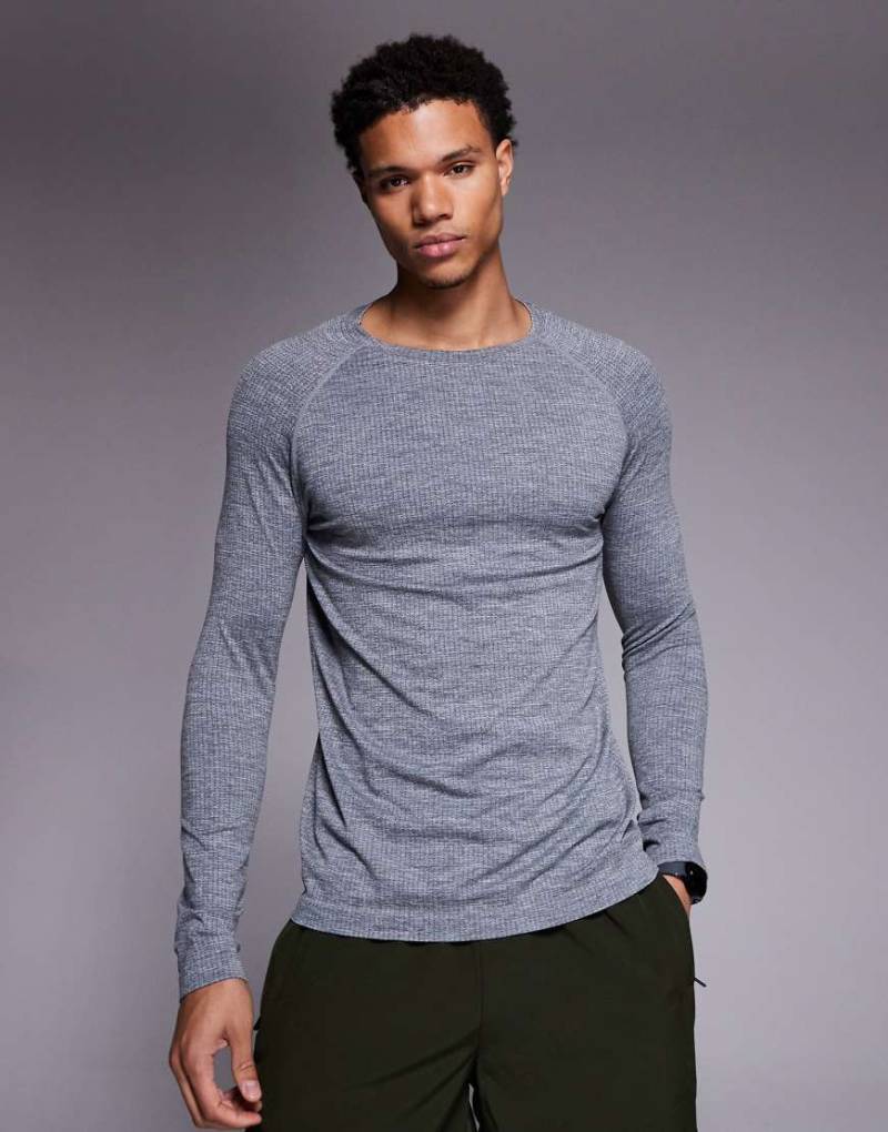 4505 - Leichtes, langärmliges Baselayer-Oberteil aus nahtlosem Netzstoff in meliertem Himmelgrau mit schmalem Schnitt von 4505