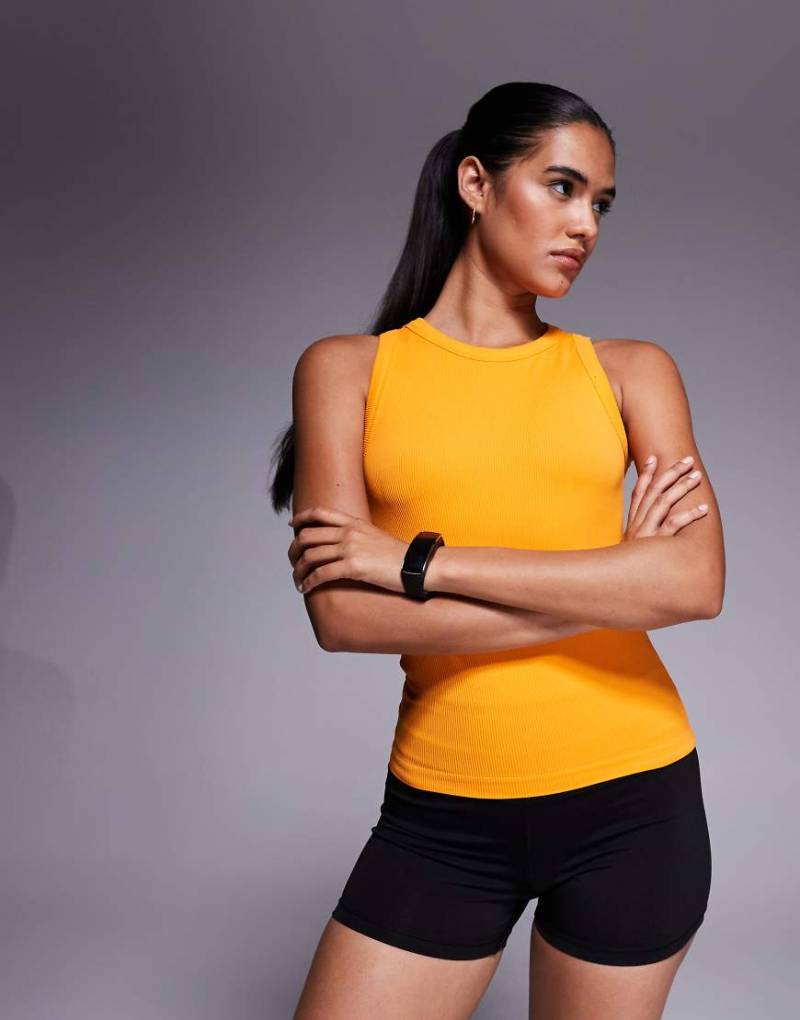 4505 - Nahtloses, geripptes Cropped-Trägertop in Tangerine mit schmalem Schnitt-Orange von 4505