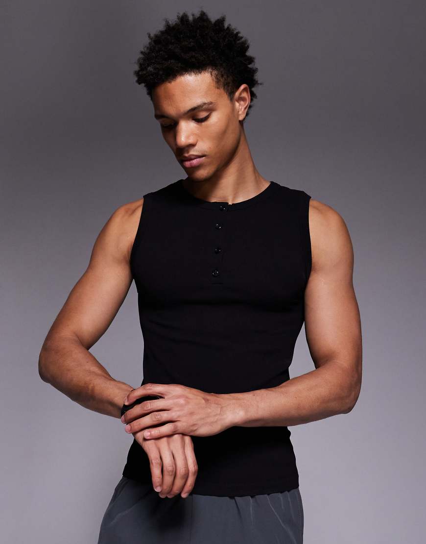 4505 - Nahtloses, geripptes Henley-Trägershirt in Schwarz mit Slim-Fit-Schnitt von 4505