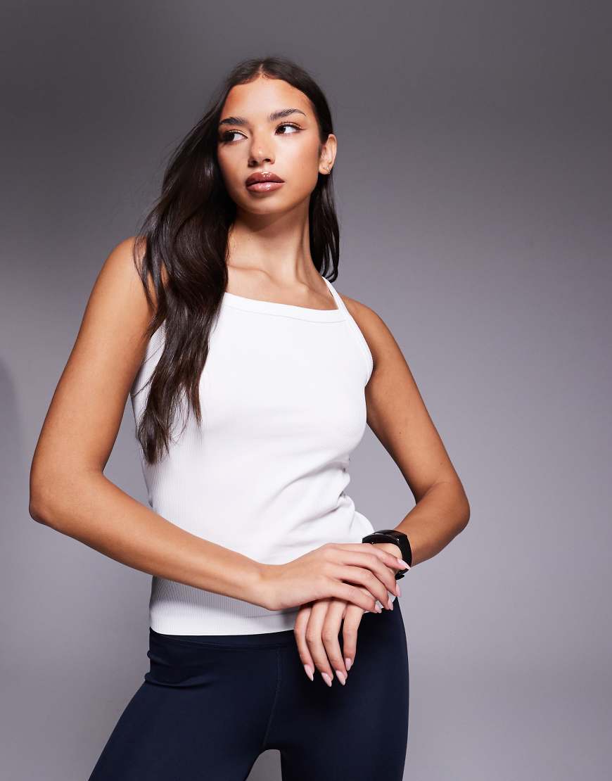 4505 - Nahtloses, hochgeschlossenes Active-Trägertop im Stil der 90er in Weiß mit Rippenstruktur von 4505