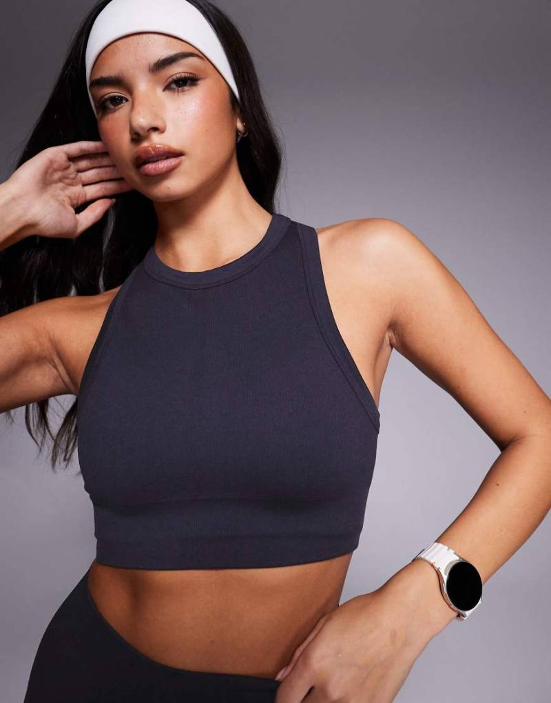 4505 - Active - Doppellagiger, nahtloser Sport-BH in geripptem Marineblau mit Stützfunktion-Brown von 4505