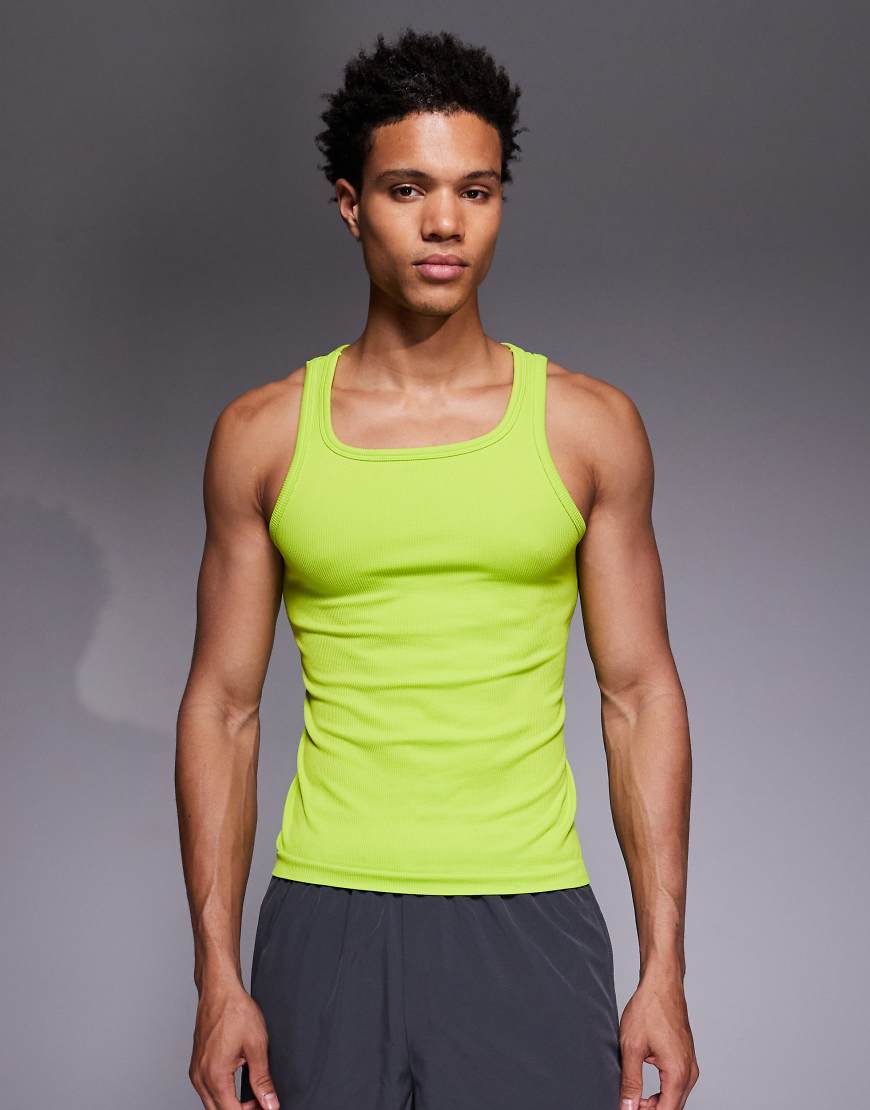 4505 - Nahtloses Sport-Trägertop in schmaler Passform in Acid-Grün mit Rippenstruktur und eckigem Ausschnitt von 4505