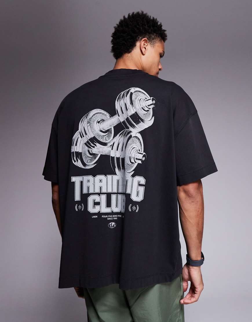 4505 - Oversize-T-Shirt aus schwerer, schnell trocknender Baumwolle in verwaschenem Schwarz mit Rückenprint von 4505