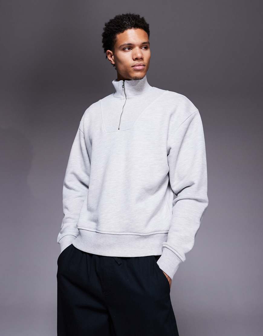 4505 - Rest Day - Oversize-Sweatshirt aus schwerer Baumwolle in meliertem Hellgrau mit Stehkragen und kurzem Reißverschluss, 420 g/m² von 4505