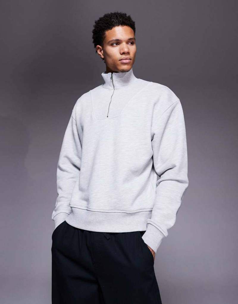 4505 - Rest Day - Oversize-Sweatshirt aus schwerer Baumwolle in meliertem Hellgrau mit Stehkragen und kurzem Reißverschluss, 420 g/m² von 4505