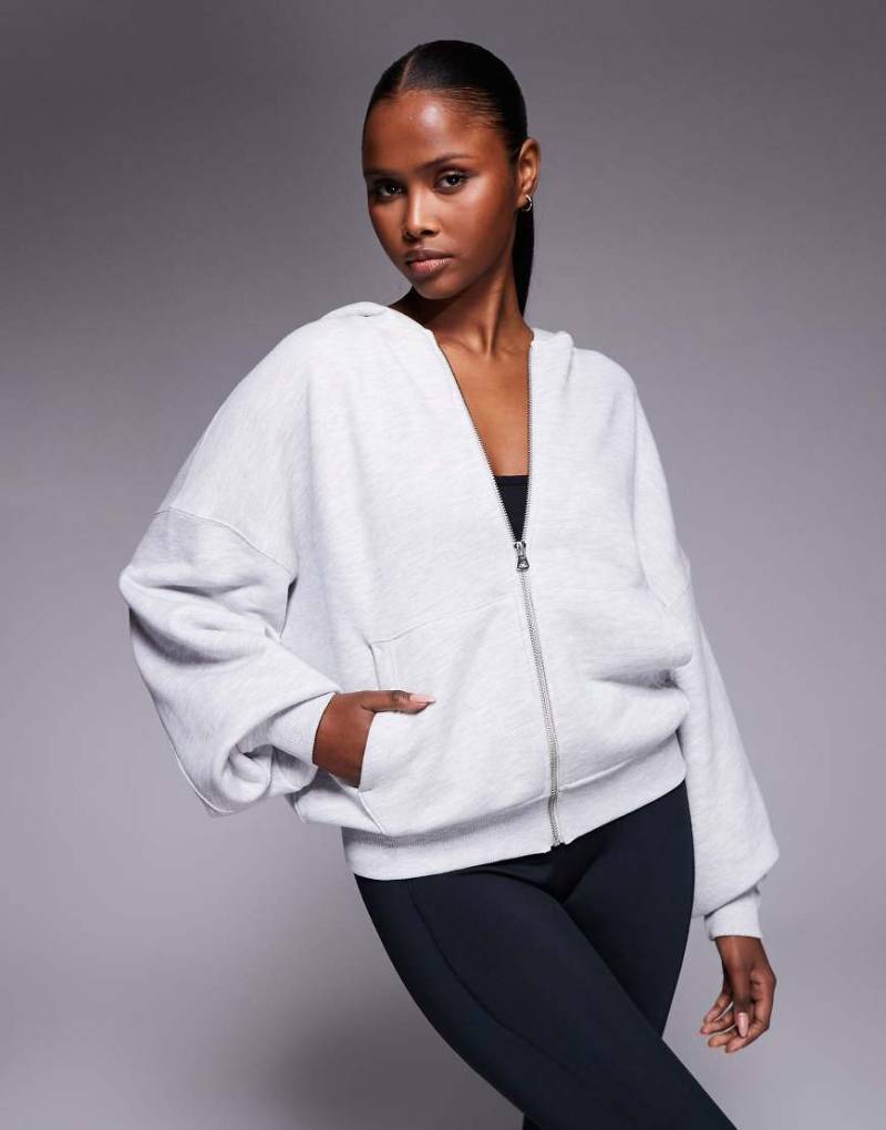 4505 - Rest Day - Schwere Oversize-Kapuzenjacke aus Baumwolle in meliertem Hellgrau mit Reißverschluss und Konkon-Ärmeln, 420 g/m² von 4505