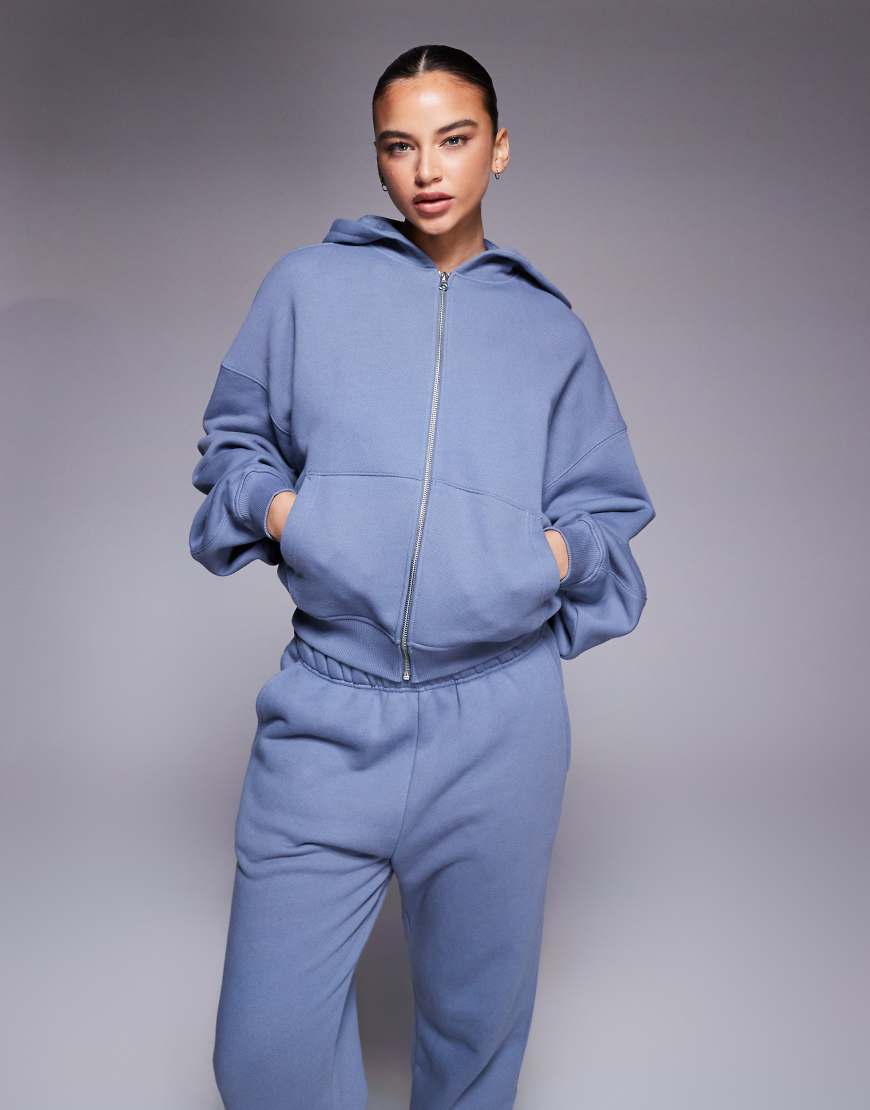 4505 - Rest Day - Schwere Oversize-Kapuzenjacke aus Baumwolle in verwaschenem Steingrau mit Reißverschluss und Cocoon-Ärmeln, 420 g/m² von 4505