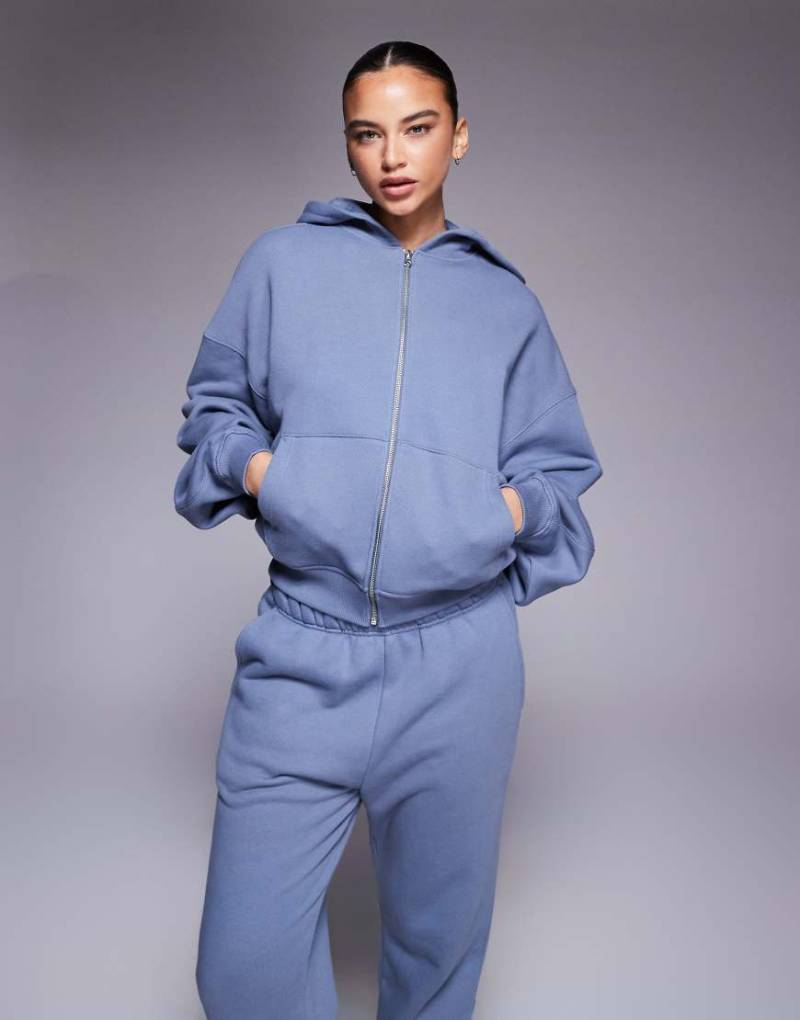 4505 - Rest Day - Schwere Oversize-Kapuzenjacke aus Baumwolle in verwaschenem Steingrau mit Reißverschluss und Cocoon-Ärmeln, 420 g/m² von 4505