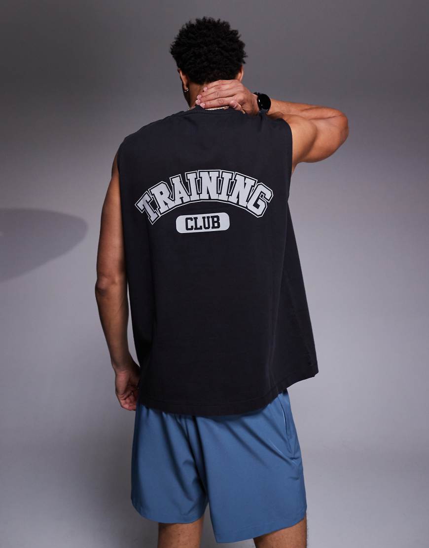 4505 - Schnelltrocknendes Sport-Tanktop aus schwerer Baumwolle in verwaschenem Schwarz mit Oversize-Schnitt und Rückenprint von 4505