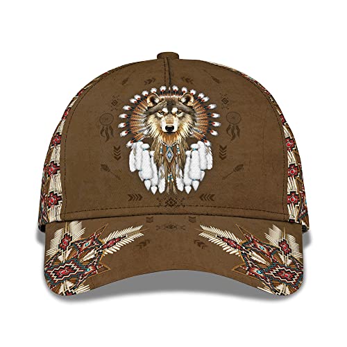 456 Baseball Cap Native American America Wolf Und Hut Mit Ethnischem Muster 3D-Druck Baseball Kappe Leichtgewicht Basecap Washed Baseballmütze Für Reisen Running Damen von 456