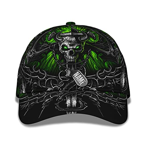456 Sonnenblende Mütze Grüner Totenkopf-Druck Fertigen Sie Namenstext-Wort-Kappe Mit Furchtsamem Skelett Besonders An Basecap Outdoor Golf Caps Unisex Baseball Mütze Für Herren Teenager Reisen von 456