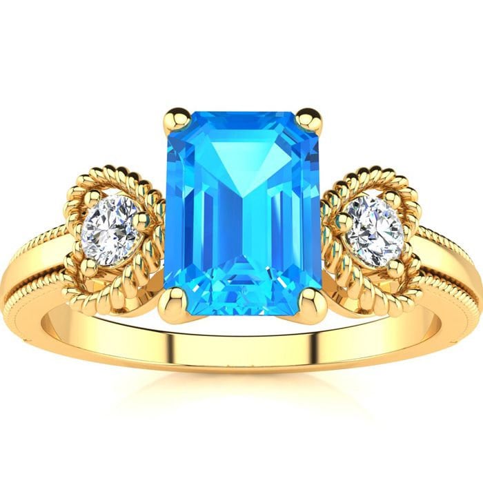 10 Karat Gelbgold 1 1/3 Smaragdschliff Blautopas Und Zwei Diamant Herz Ring von 47thStreetJewelry