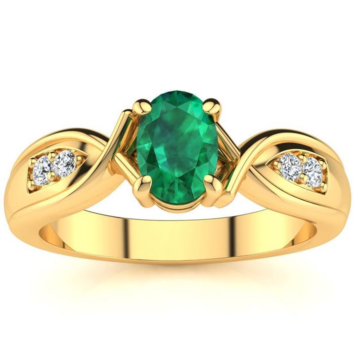 10 Karat Gelbgold 1 Oval Form Smaragd Und Vier Diamant Ring von 47thStreetJewelry