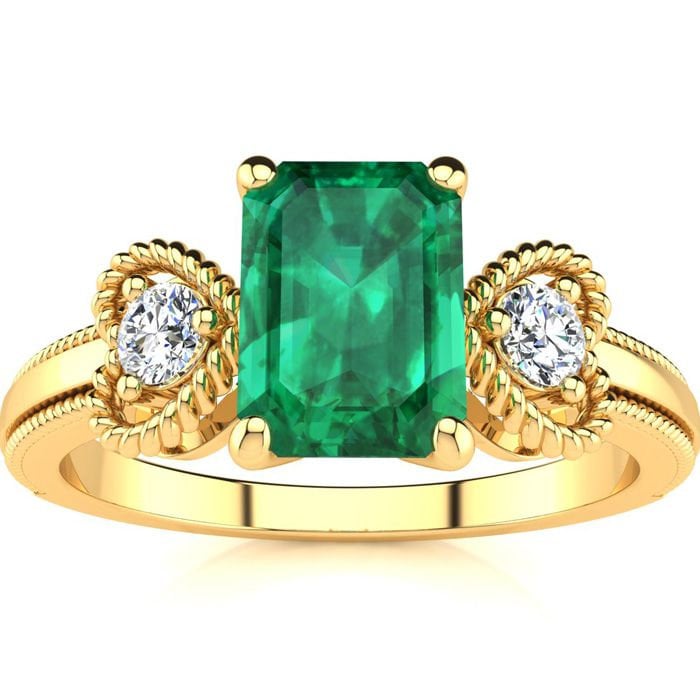 10 Karat Gelbgold 1 Smaragd Schliff Und Zwei Diamant Herz Ring von 47thStreetJewelry