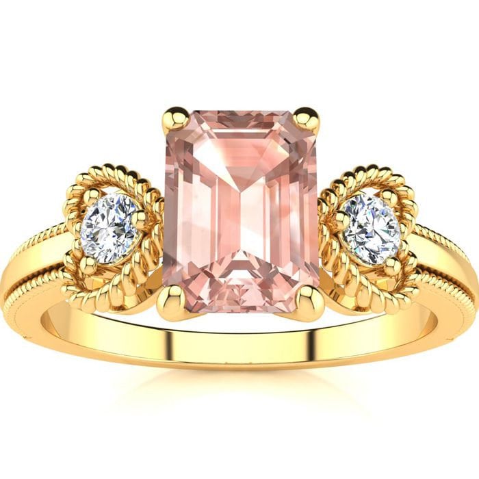 10 Karat Gelbgold 1 Smaragdschliff Morganit Und Zwei Diamant Herz Ring von 47thStreetJewelry