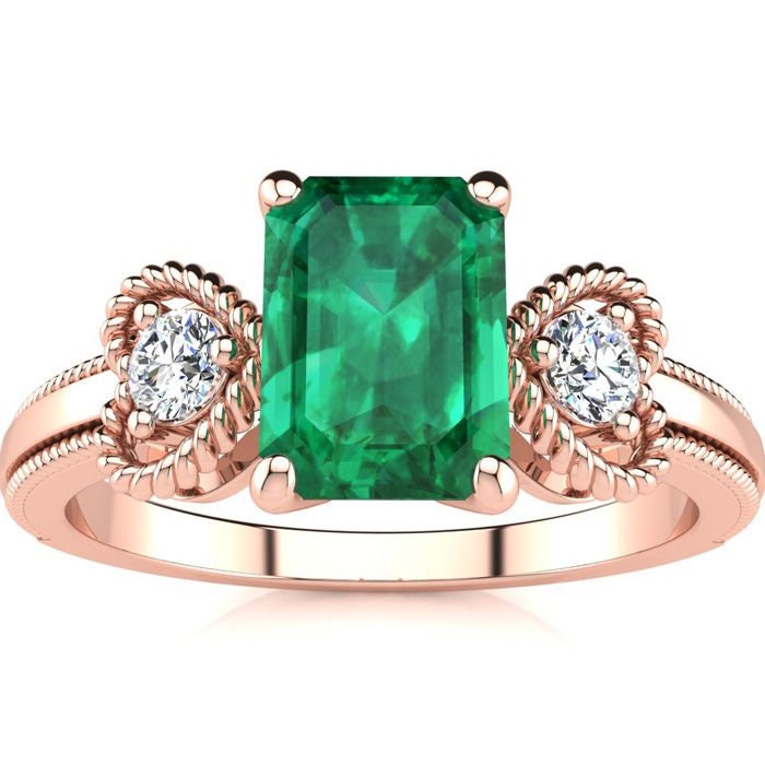 10 Karat Rose Gold 1 Emerald Cut Smaragd Und Zwei Diamant Herz Ring von 47thStreetJewelry