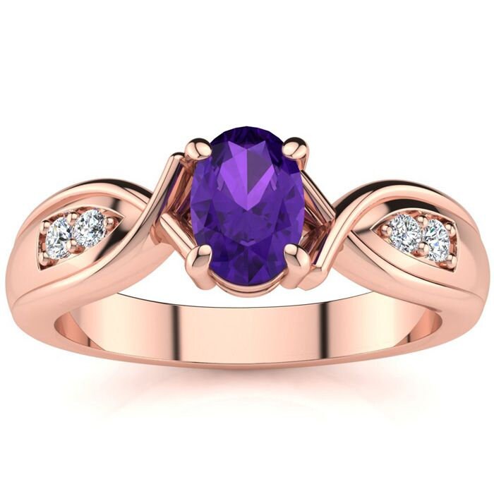10 Karat Rose Gold 1 Oval Form Amethyst Und Vier Diamant Ring von 47thStreetJewelry