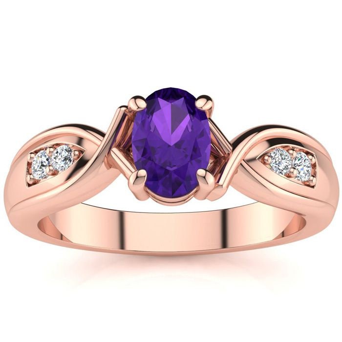 10 Karat Rose Gold 1 Oval Form Amethyst Und Vier Diamant Ring von 47thStreetJewelry